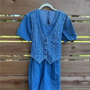 Blue Denim Romper with Embroidered Vest